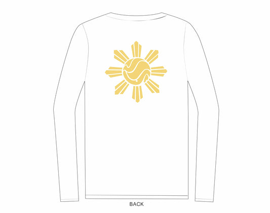 Manila SUN on back of white long sleeve & Red/Blue FLOW on front